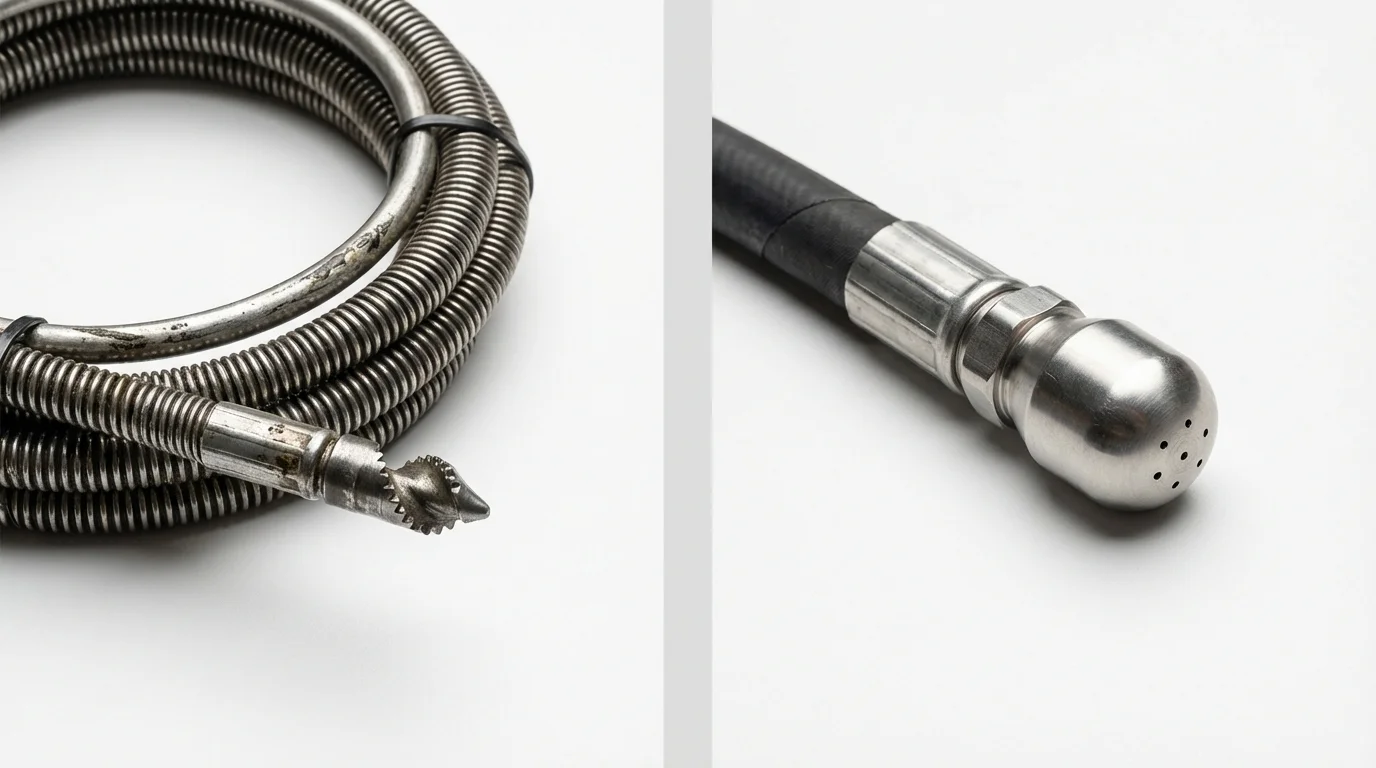 Drain snake cable and hydro jetting nozzle used for drain cleaning in Riverside, IA