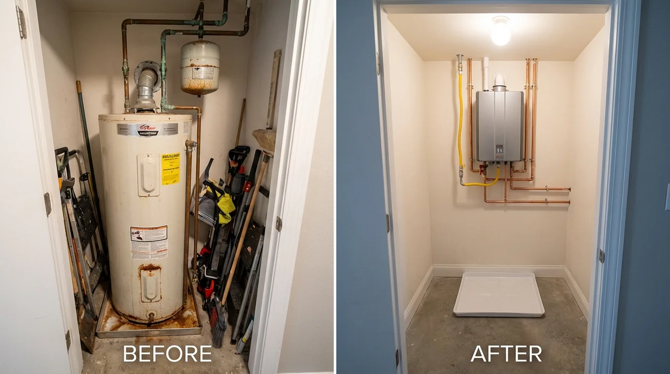 Tank water heater versus wall-mounted tankless unit comparison for Riverside, IA homeowners