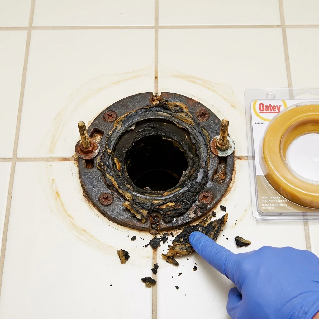 Failed wax ring showing water seepage at the base of a toilet in a Riverside, IA home