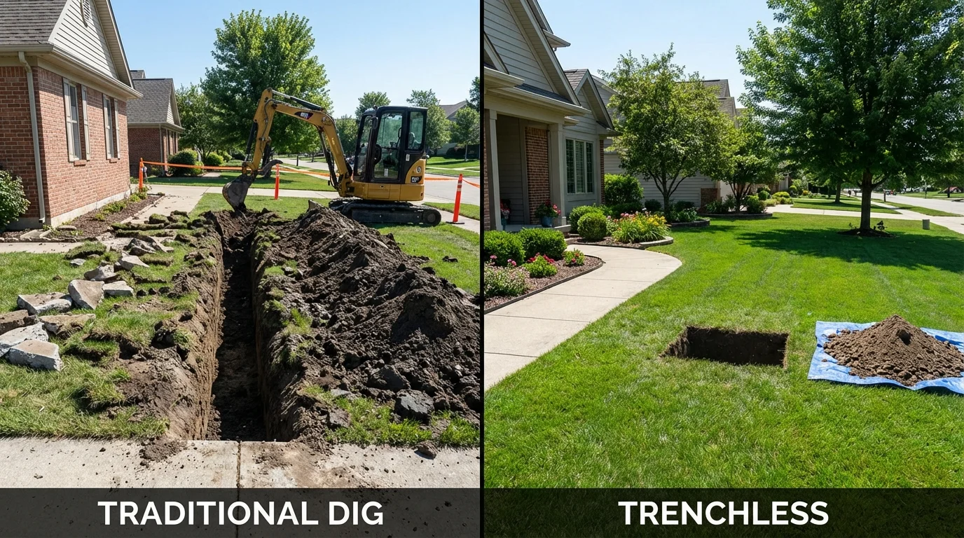 Trenchless sewer repair with minimal yard damage versus traditional excavation in Riverside, IA