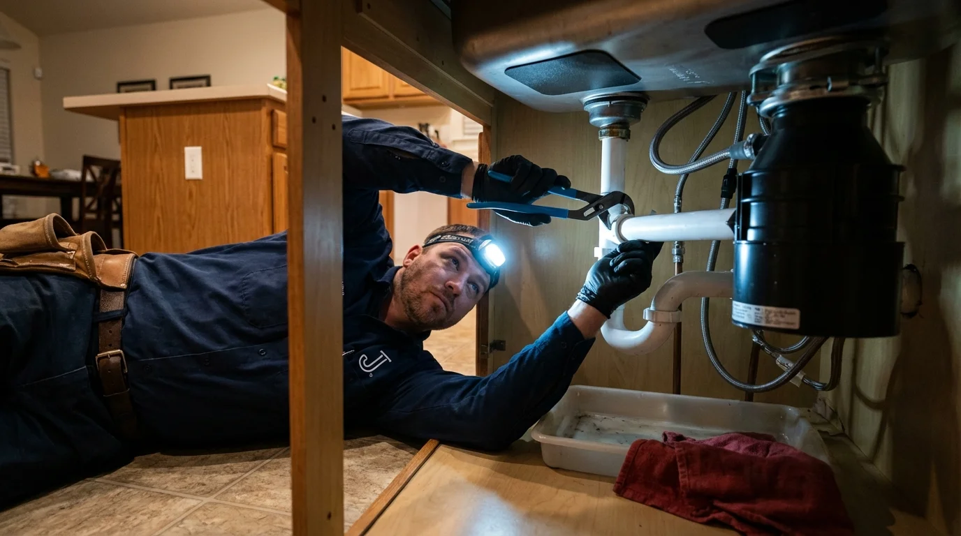 P-trap and supply line connections under a kitchen sink showing a common leak point in Riverside, IA